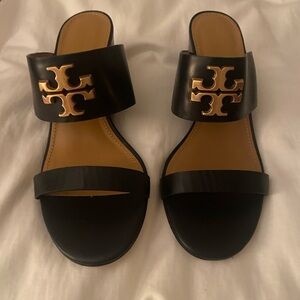 Tory Burch Wedge shoes- black with gold emblem.